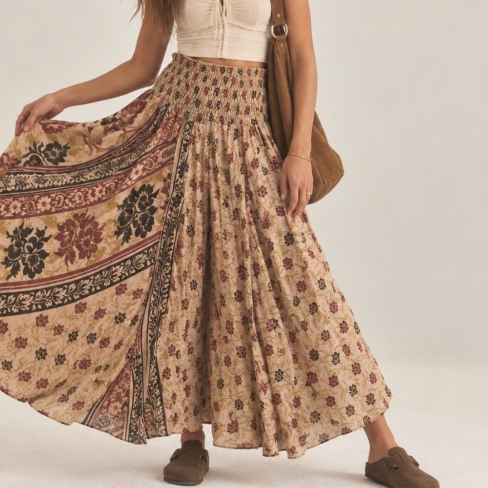 Palazzo Pants 100% Silk Tan Floral Boho Wide Leg Boho Hippie Ethereal Festival